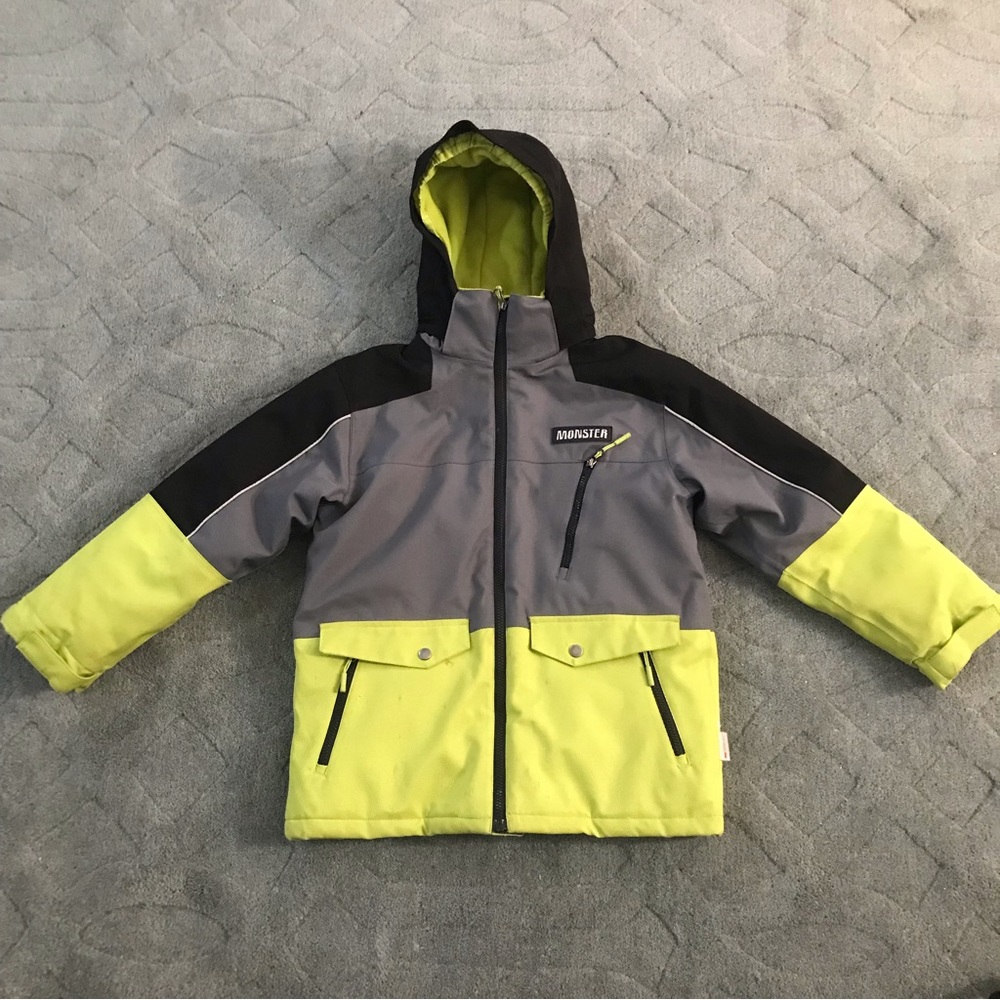 Monster Brand Winter Ski Coat Detachable Hood Black/Grey/Neon Yellow Size 10